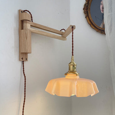 Modern Eclectic Rotatable Wooden Beam Pleated Glass Shade 1-Light Wall Sconce Lamp For Bedroom