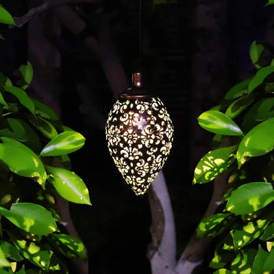 Solar Iron Outdoor Waterproof Hollow Drop Shape LED Outdoor Pendant Light