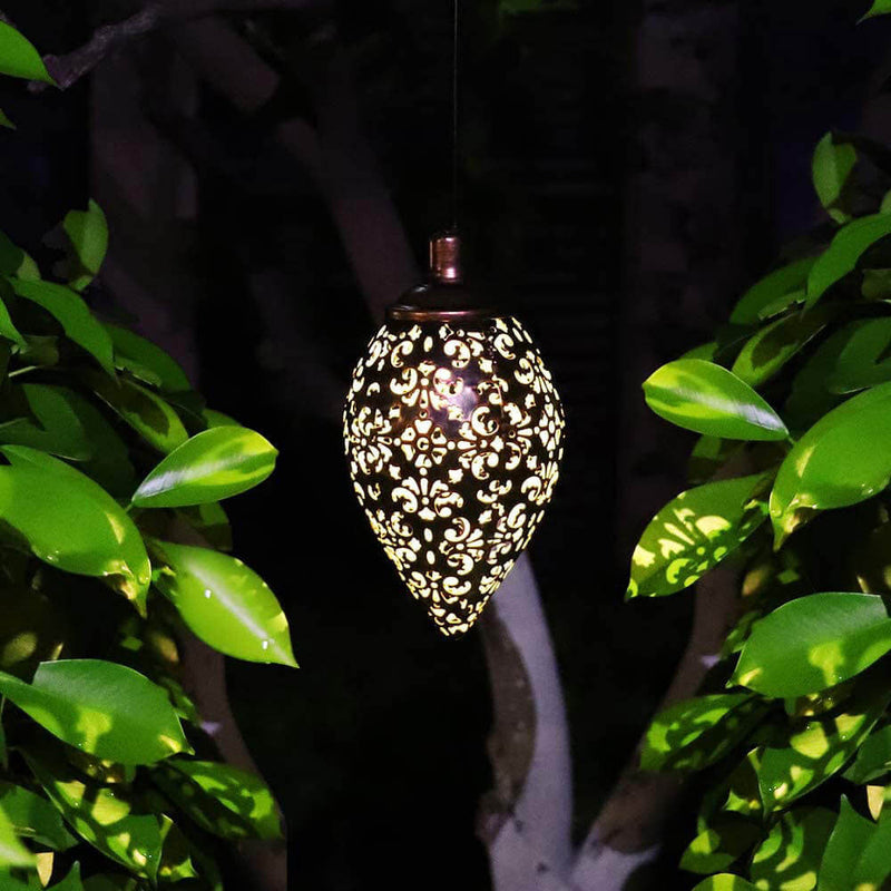 Solar Iron Outdoor Waterproof Hollow Drop Shape LED Outdoor Pendant Light