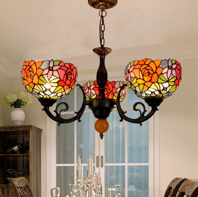 European Tiffany Showy Rose Stained Glass 3-Light Chandelier