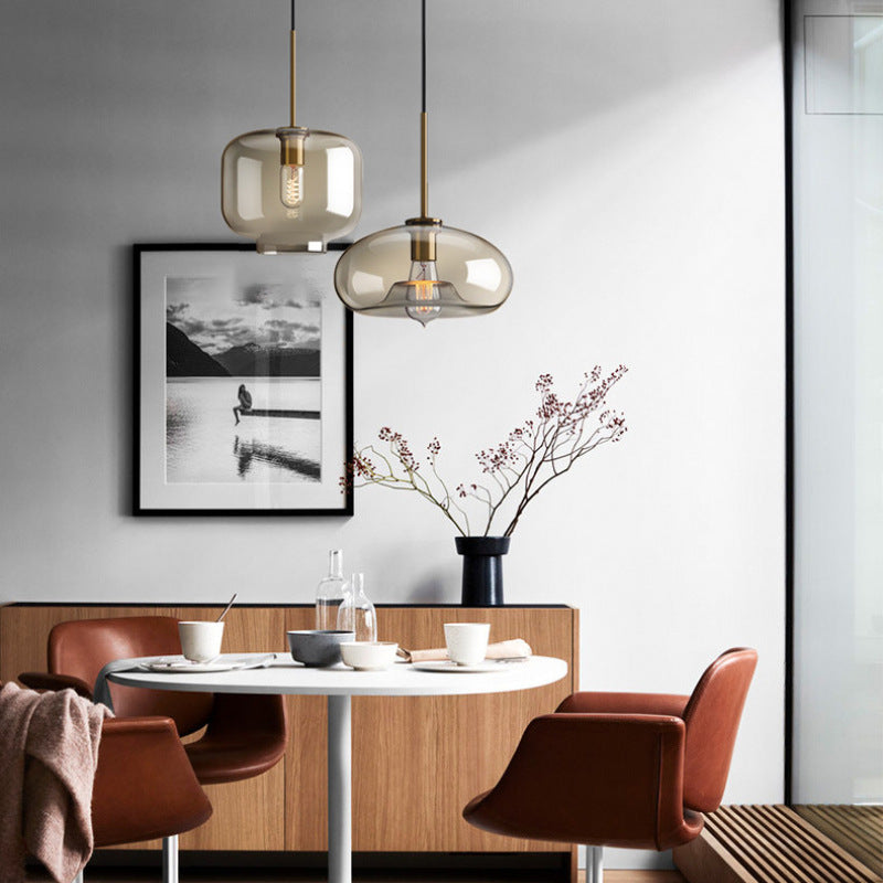 Moderne nordische 1-flammige Pendelleuchte aus Eisen und Glas in runder, geometrischer Jar-Form für Wohnzimmer &amp; Schlafzimmer 