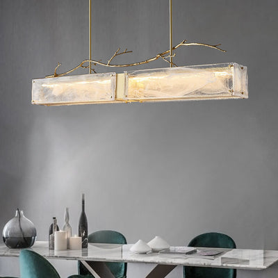 Nordic Light Luxury Rectangular All Brass Glass LED Island Light Chandelier