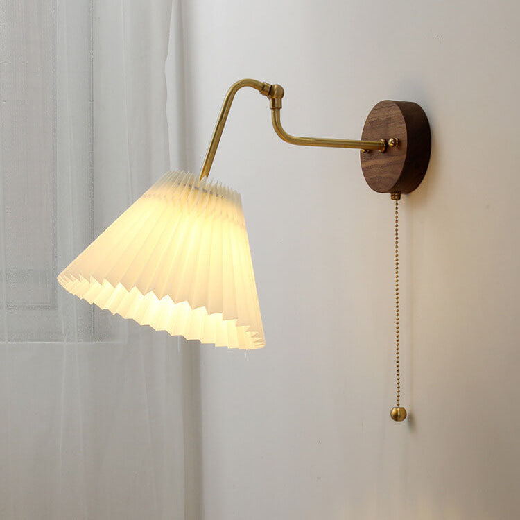 Nordic Vintage Walnut Brass Pleated Shade 1-Light Wall Sconce Lamp