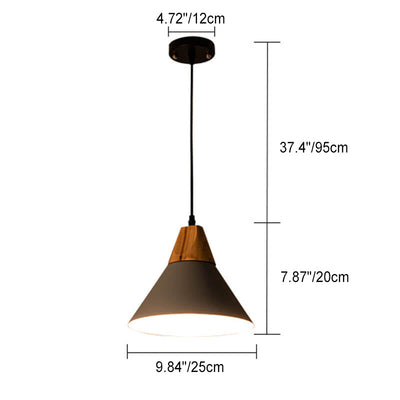 Industrial Minimalist Cone Wood Iron 1-Light Pendant Light