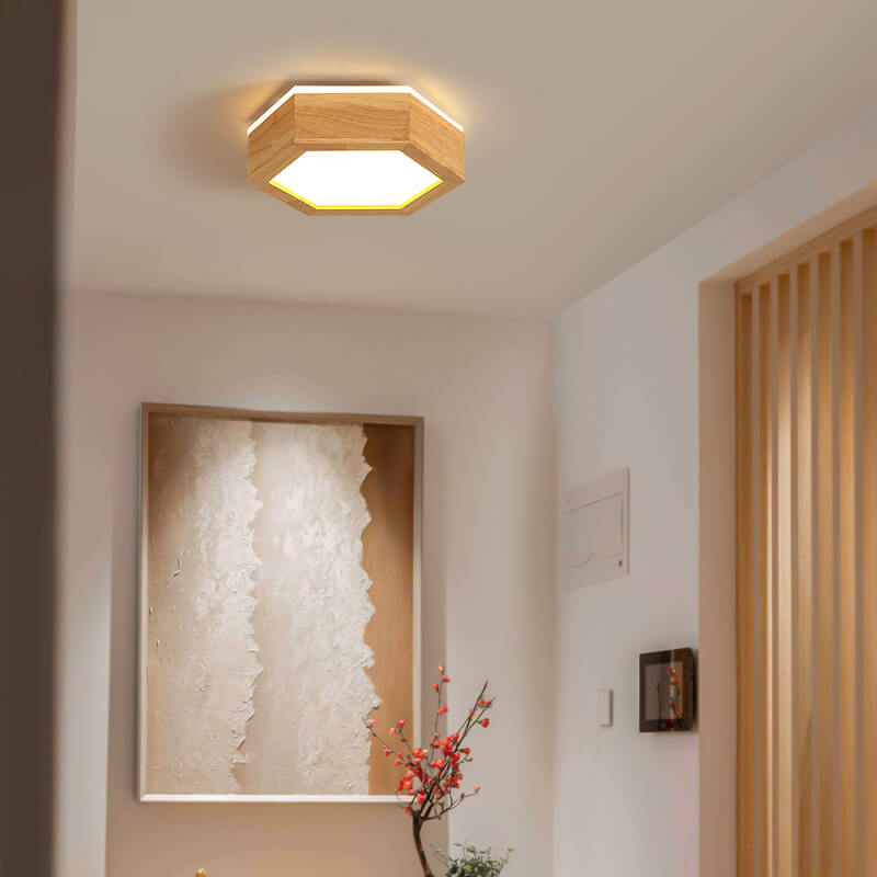 Modern Simple Wooden Hexagonal Geometry LED Flush Mount Ceiling Light