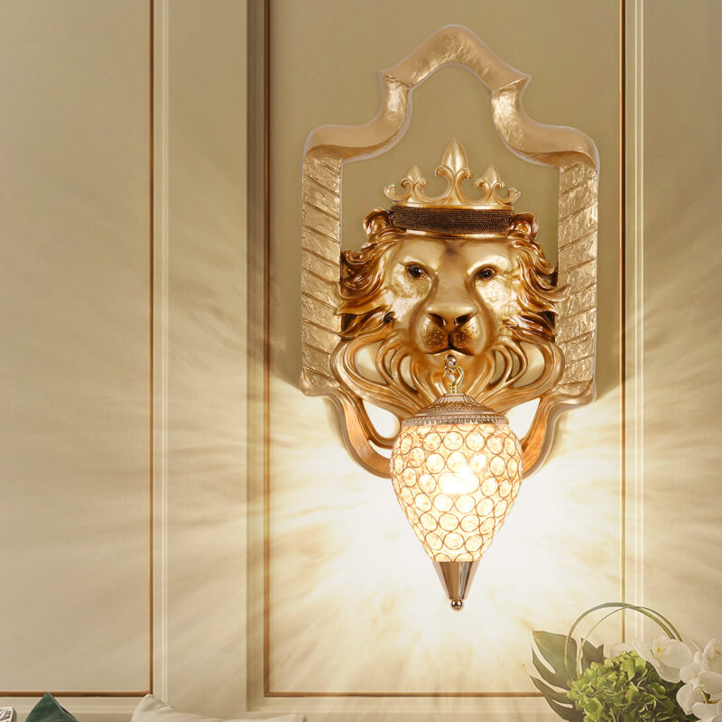 Aplique de Pared de 1 Luz con Lámpara de Cristal de Resina de Cabeza de León Vintage 