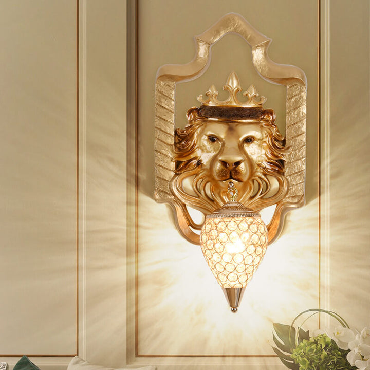 Vintage Löwenkopf Laterne Harz Kristall 1-Licht Wandleuchte Lampe 