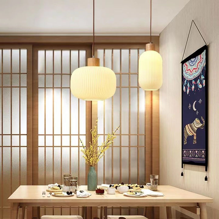 Traditionelle japanische Pendelleuchte mit Glas-Glasbehälter und massivem Holzstreifen, 1/2/3-flammig, für das Wohnzimmer 