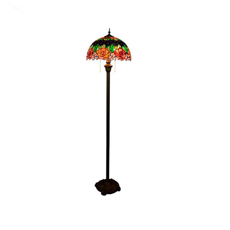 Lámpara de pie tradicional de 2 luces con pantalla redonda tipo cúpula de resina, hierro y vidrio Tiffany con rosas para sala de estar 