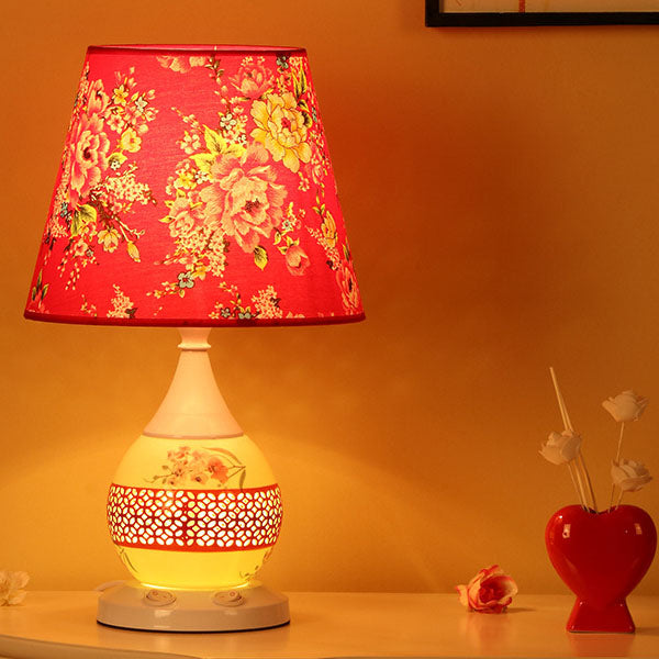 Traditional Chinese Ceramic Fabric Floral Cone 1-Light Table Lamp For Living Room &amp; Bedroom