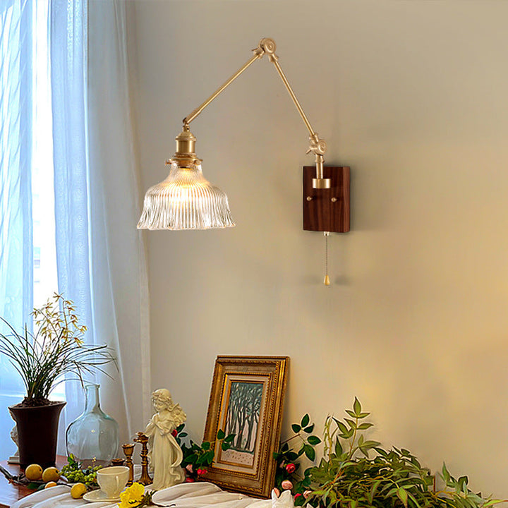 Traditional Japanese Brass Lamp Arm Ceramic Glass Round Shade 1-Light Wall Sconce Lamp For Bedroom
