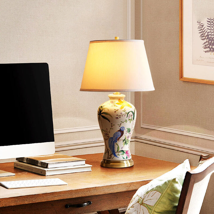 Traditional Chinese Bird &amp; Flower Painted Ceramic Base Fabric Shade 1-Light Table Lamp For Home Office