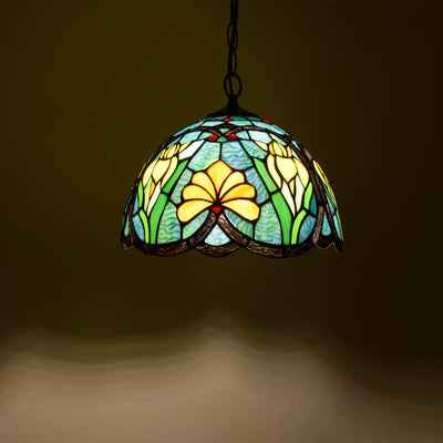 European Vintage Tiffany Flowers Birds Stained Glass 1-Light Pendant Light