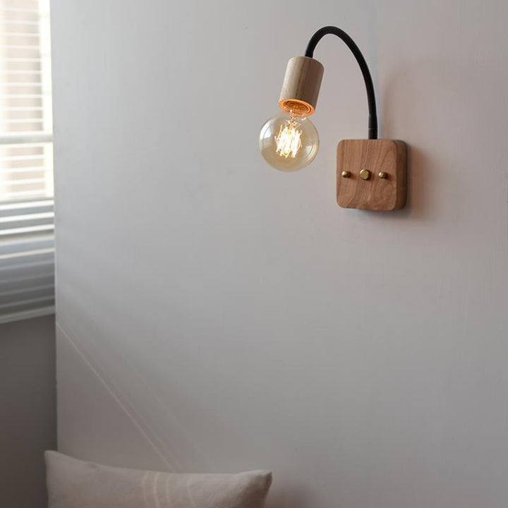 Contemporary Industrial Walnut Oak Wood Hose Adjustable 1-Light Wall Sconce Lamp For Living Room &amp; Bedroom