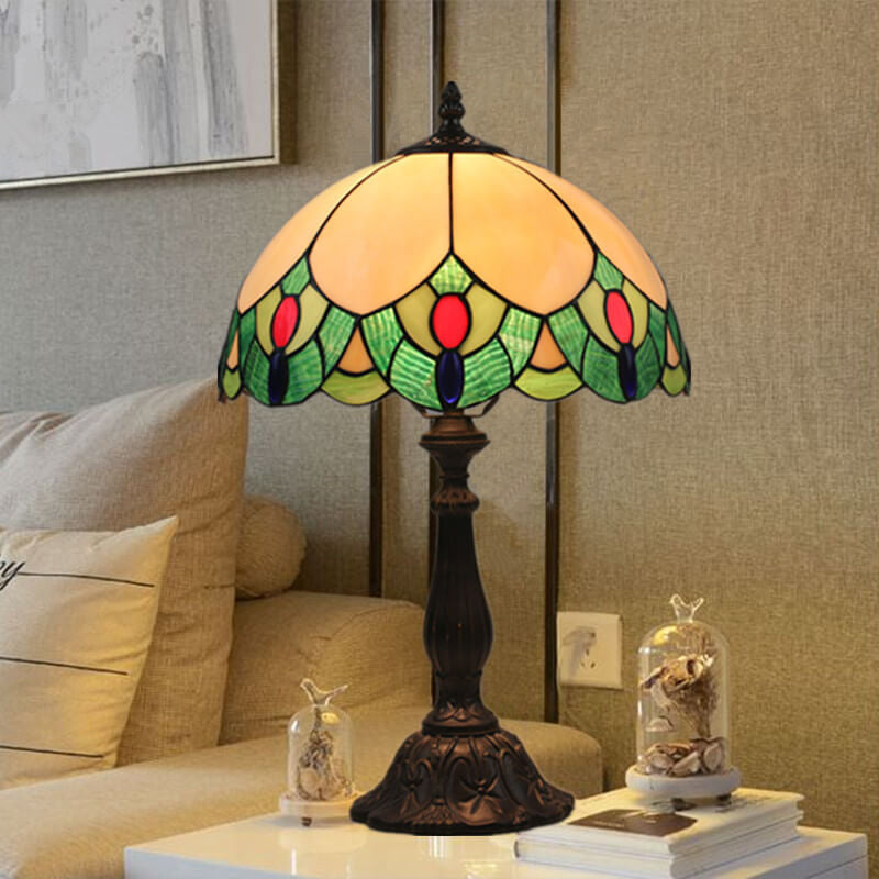 Tiffany Europäischer Vintage Edelstein Buntglas 1-Licht Tischlampe 