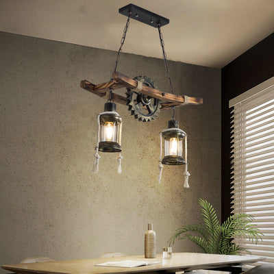 Retro Industrial Gear Iron Wooden Twine 2-Light Island Light Chandelier