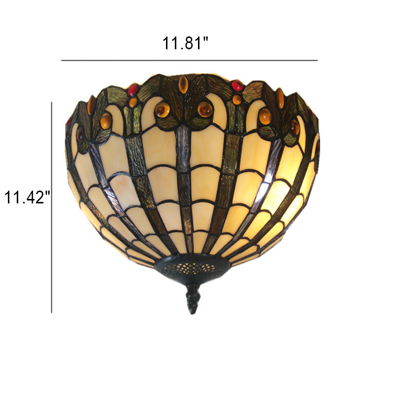 European Vintage Tiffany Iron Glass 2-Light Flush Mount Light