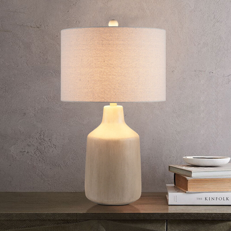 Modern Minimalist Fabric Cement Round 1-Light Table Lamp For Living Room &amp; Bedroom