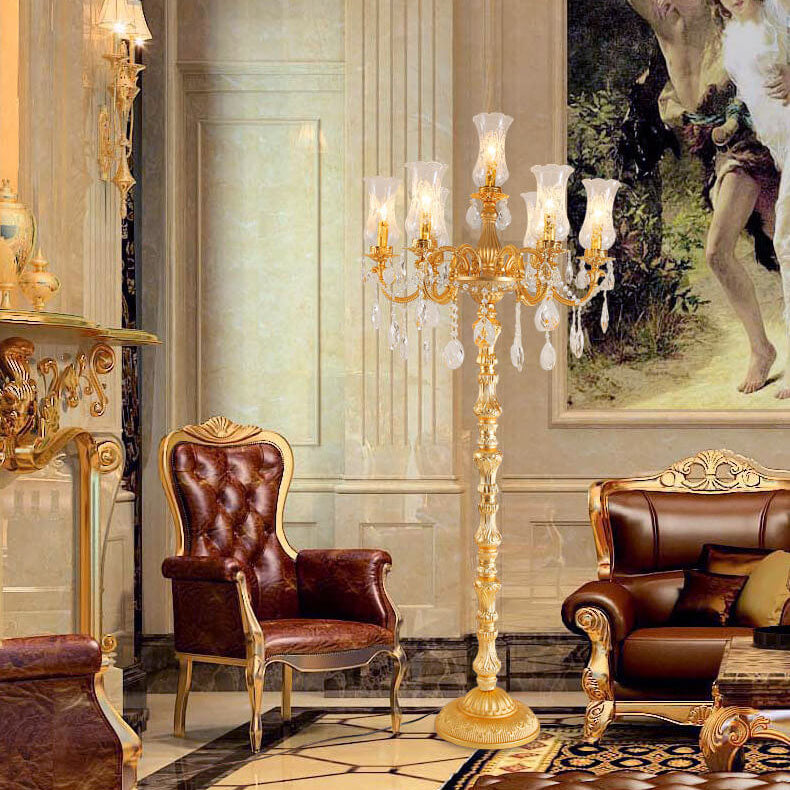 Traditional Luxury Golden Crystal Zinc Alloy Candle Holder 7-Light Standing Floor Lamp For Bedroom