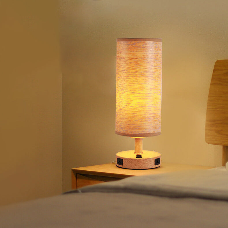 Moderne Tischlampe mit Holzmaserung Stoffschirm 1-Licht 