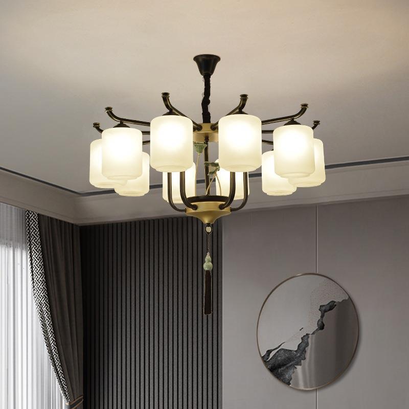 Traditioneller chinesischer Eisenrahmen Zylinder Glasschirm 6/8/10/12-Licht Kronleuchter für Wohnzimmer 