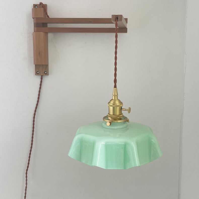 Modern Eclectic Rotatable Wooden Beam Pleated Glass Shade 1-Light Wall Sconce Lamp For Bedroom