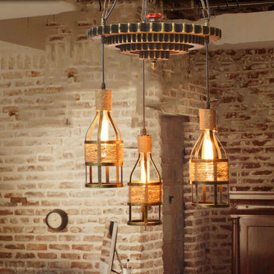 Industrial Vintage Gear Twine Bottle 3-Light Chandelier