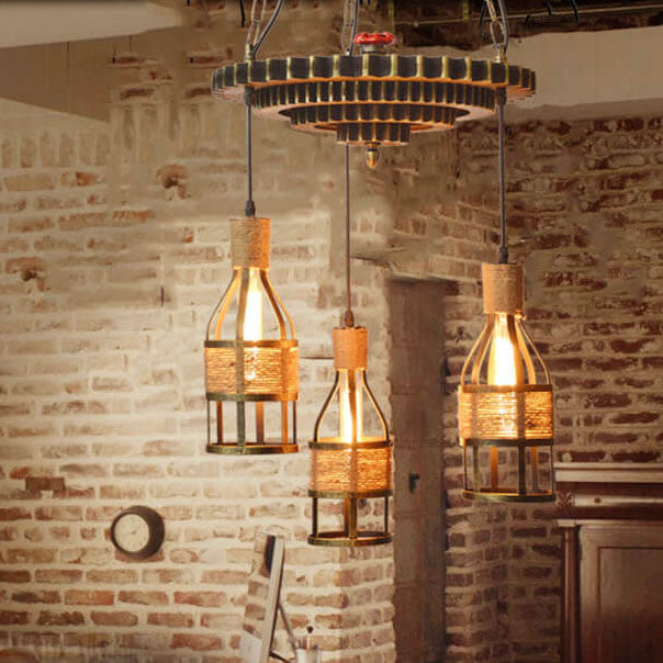 Industrial Vintage Gear Twine Bottle 3-Light Chandelier