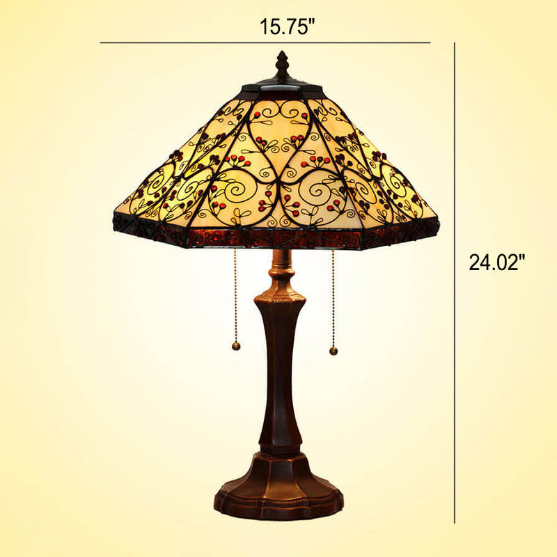 Lampe de Table à 2 Lumières en Verre Coloré Hexagonal à Motif Vigne de Tiffany Européen 