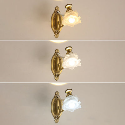 Traditional French Floral Brass Glass 1-Light Wall Sconce Lamp For Bedroom