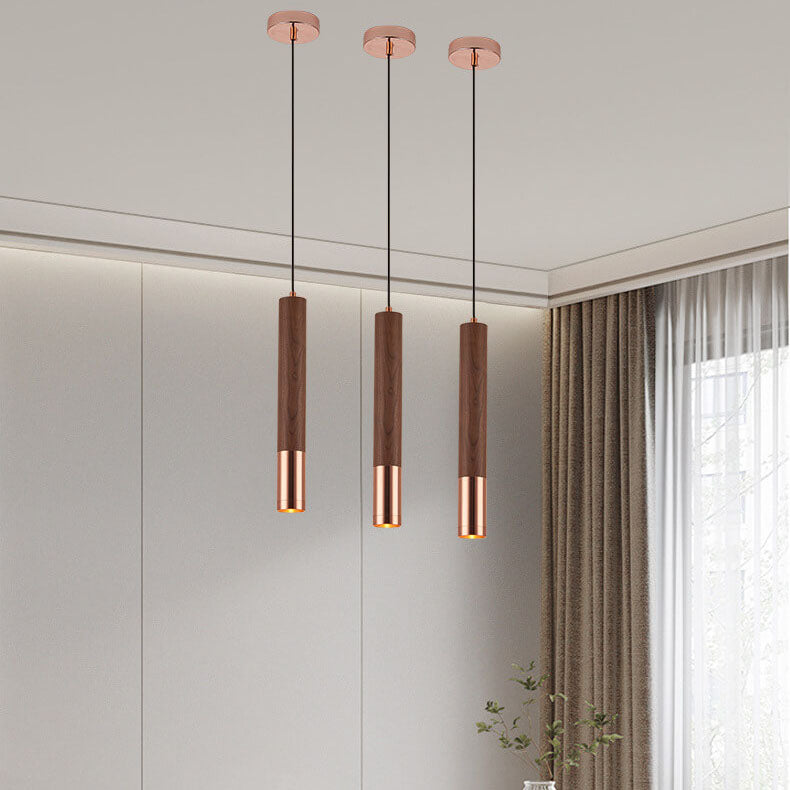 Nordic Minimalist Walnut Strip Aluminum Lampshade LED Pendant Light