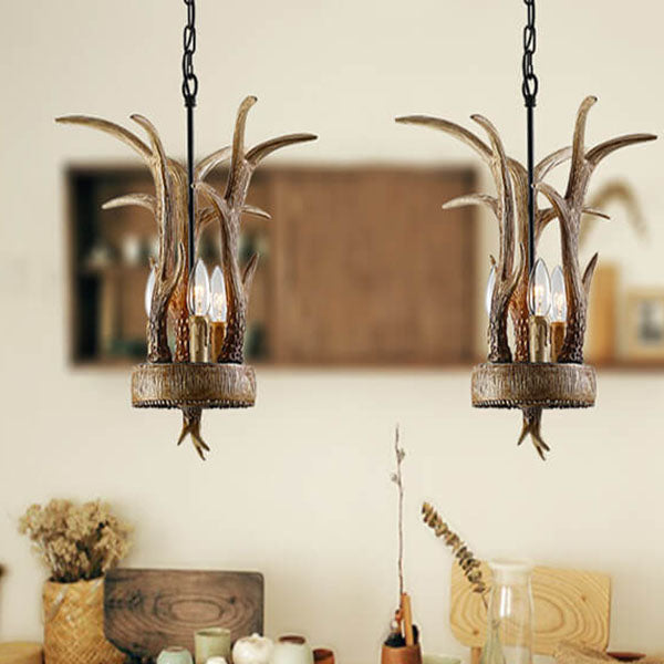 Vintage Industrial Resin Deer Head  3-Light Chandelier