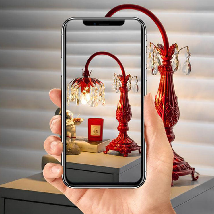 Lámpara de mesa de 1 luz con base tallada de hierro y cuentas de cristal chino tradicional para dormitorio 
