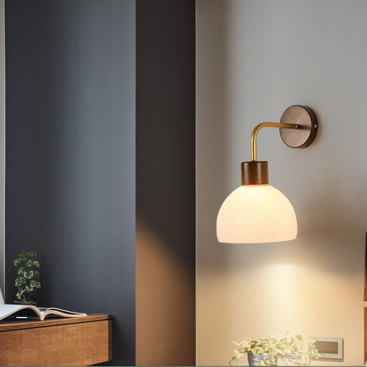 Applique Murale à 1 Lumière avec Dôme en Verre Rayé et Noyer Japonais 