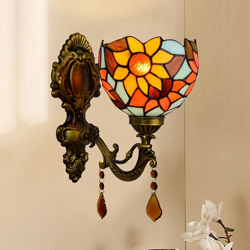 Vintage Tiffany Sunflower Stained Glass 1-Light Wall Sconce Lamp