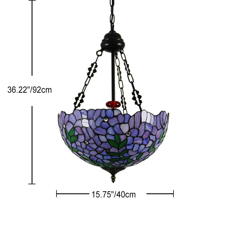 Lámpara de araña redonda de 3 luces de estilo vintage tradicional Tiffany con herrajes y vidrio teñido violeta 
