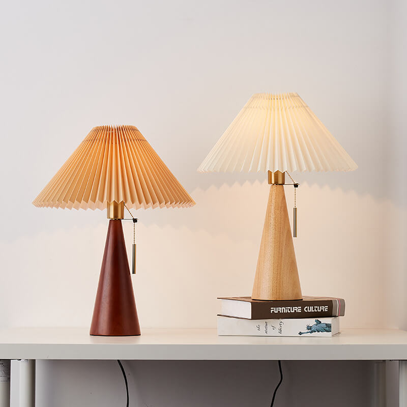 Japanese Minimalist Vintage Pleated Wooden Fabric LED Table Lamp