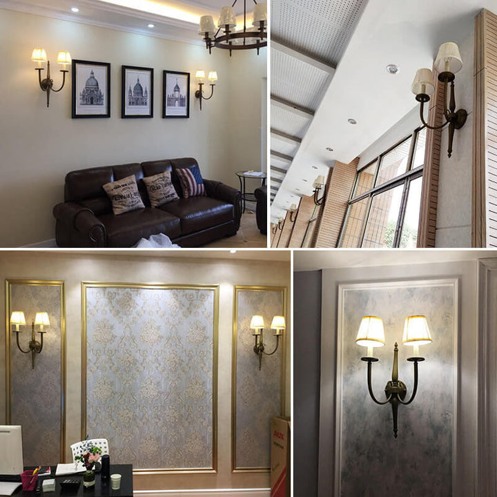 Traditional European Fabric Iron Cone Candelabra 2-Light Wall Sconce Lamp For Bedroom