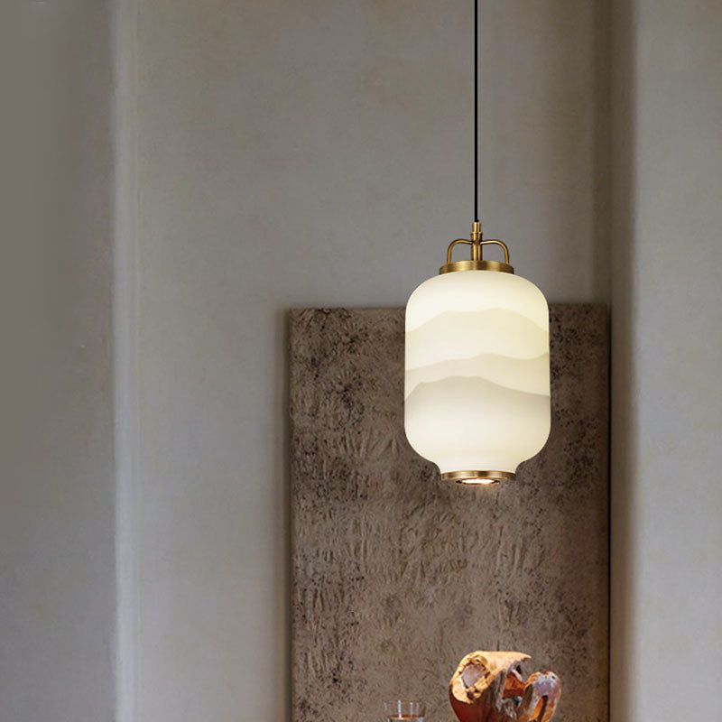 Traditionelle chinesische Laterne Messing Glas LED Pendelleuchte für Wohnzimmer 
