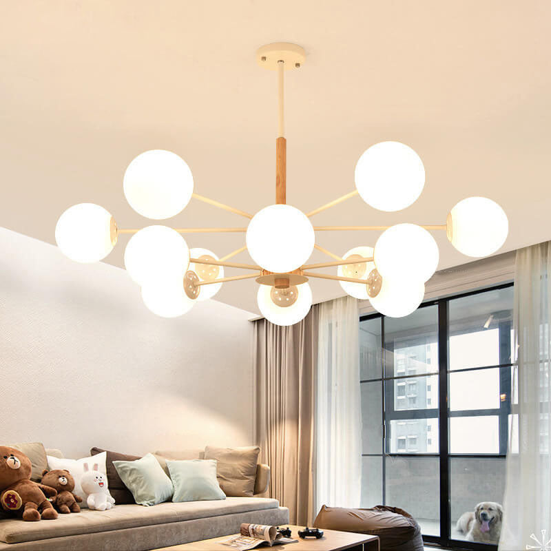 Contemporary Nordic Log Magic Bean Rubberwood Iron Glass 6/8/12/16-Light Chandelier For Living Room &amp; Bedroom