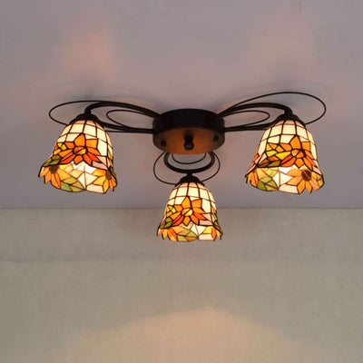 Tiffany Rustikale Sonnenblumen-Buntglas-Glockenschirm-Deckenleuchte mit 3 Leuchten, halbbündige Montage 