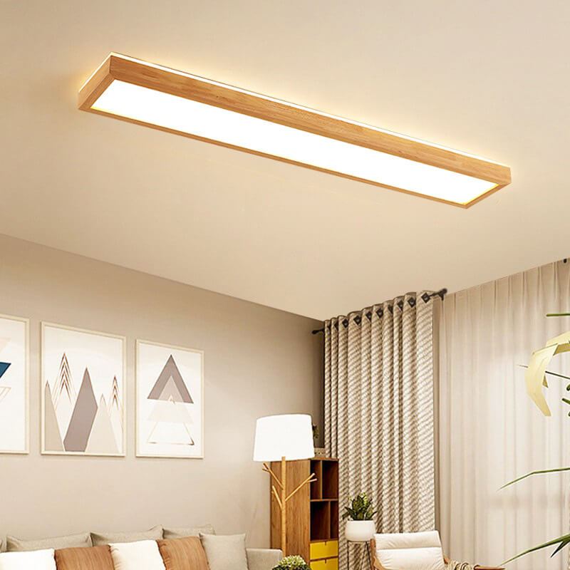 Japanese Minimalist Log Rectangular Walnut LED Flush Mount Ceiling Light