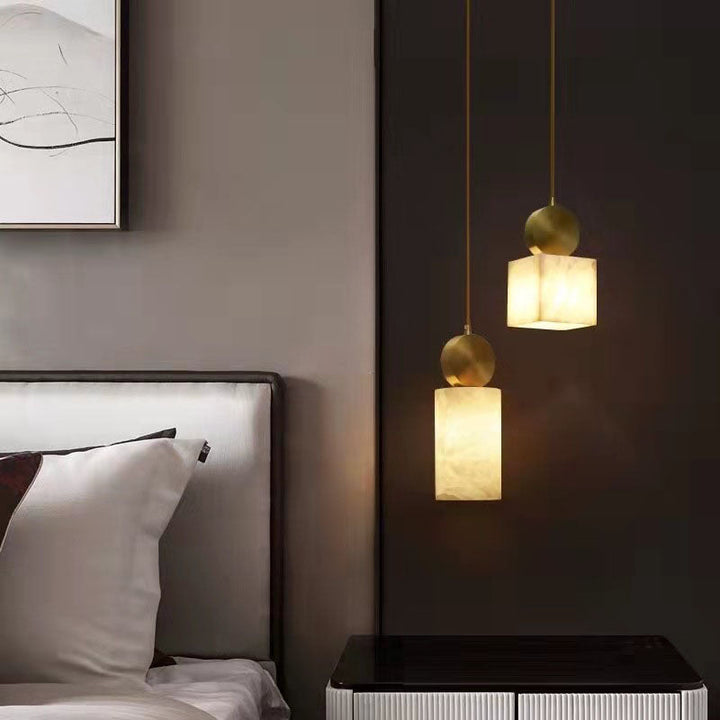 Moderne Luxus geometrische Würfel Marmor Schatten Messing 1-Licht Pendelleuchte für Wohnzimmer 