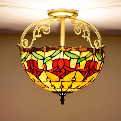 European Tiffany Red Tulip Stained Glass 2-Light Semi-Flush Mount Ceiling Light