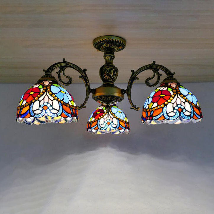 Traditionelle europäische Tiffany Eisen Buntglas 3/5/6-Licht Halbbündige Montage Licht 