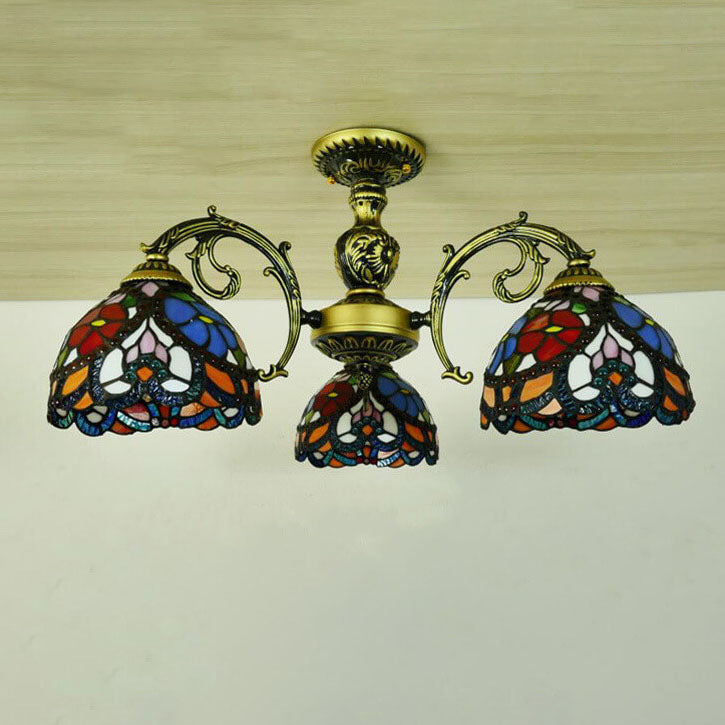 Traditionelle europäische Tiffany Eisen Buntglas 3/5/6-Licht Halbbündige Montage Licht 