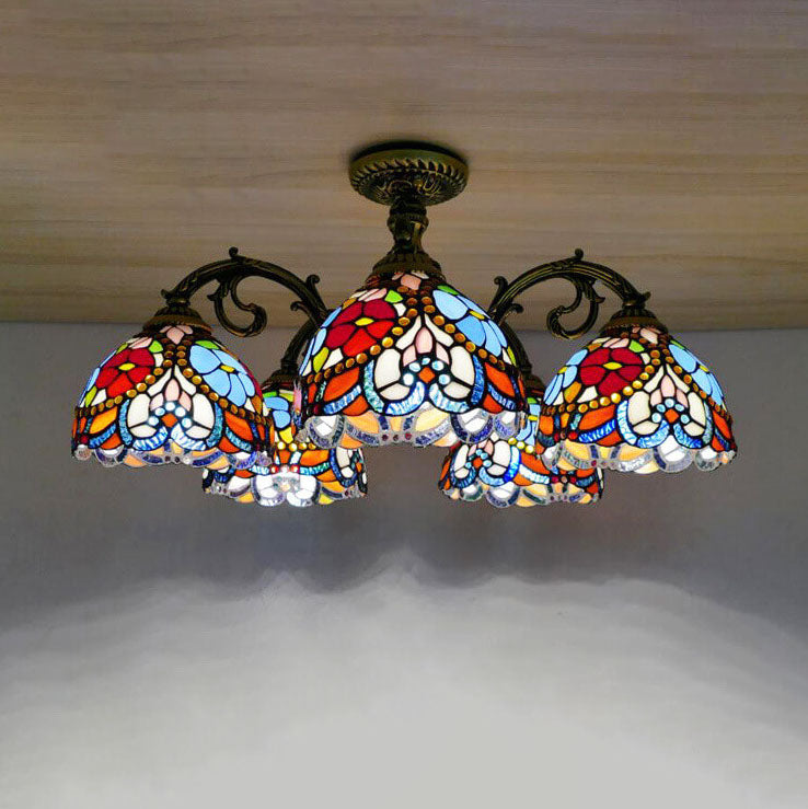 Traditionelle europäische Tiffany Eisen Buntglas 3/5/6-Licht Halbbündige Montage Licht 