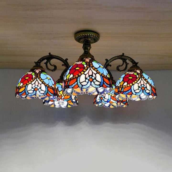 Traditionelle europäische Tiffany Eisen Buntglas 3/5/6-Licht Halbbündige Montage Licht 