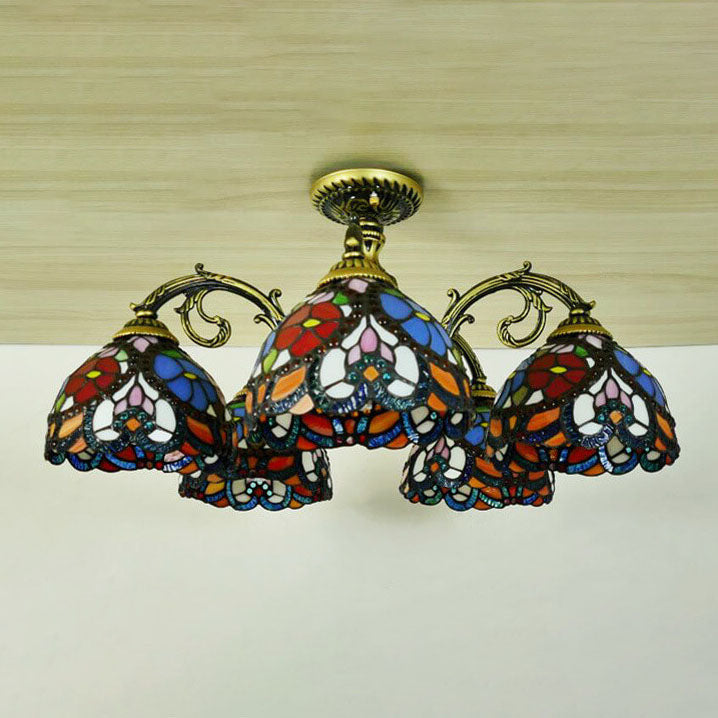 Traditionelle europäische Tiffany Eisen Buntglas 3/5/6-Licht Halbbündige Montage Licht 