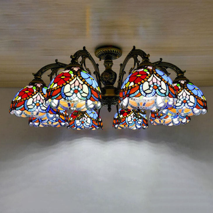 Traditionelle europäische Tiffany Eisen Buntglas 3/5/6-Licht Halbbündige Montage Licht 